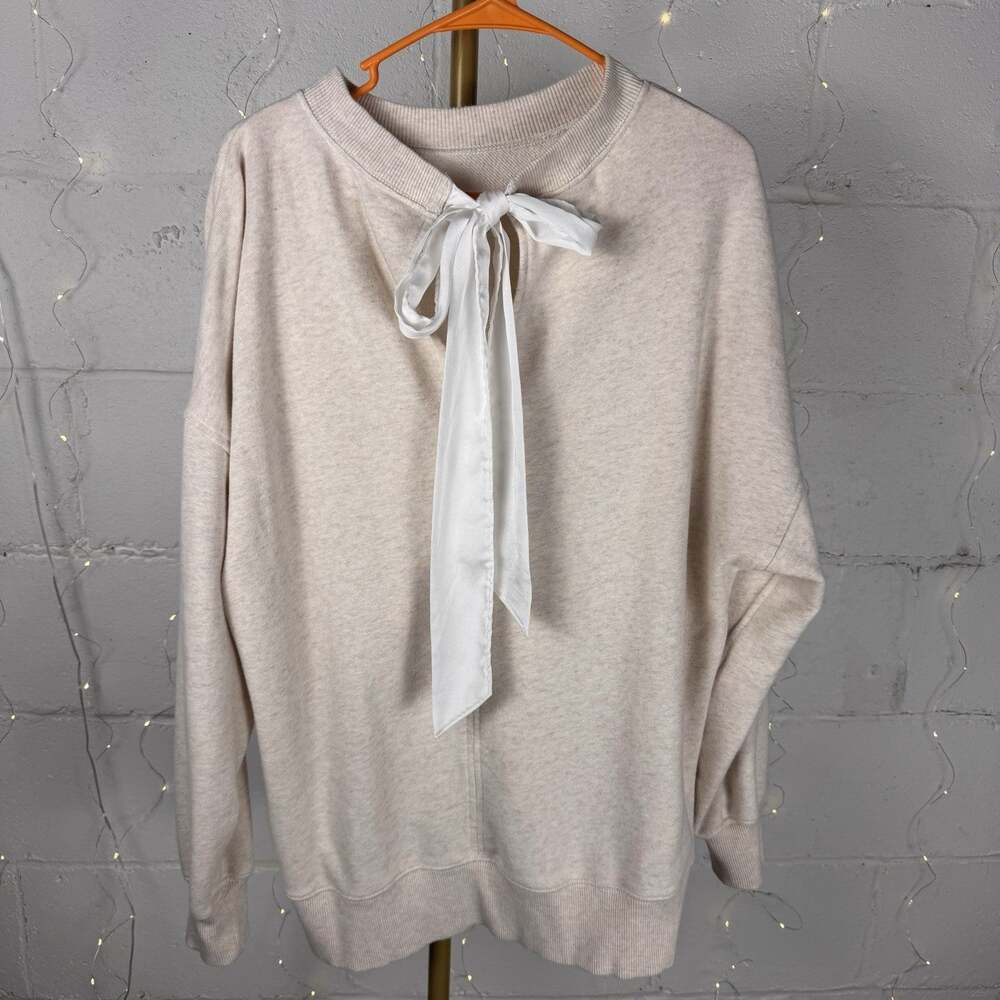 Aerie Womens S Cream Oversized Sweatshirt Satin Bow Tie Neck Coquette
